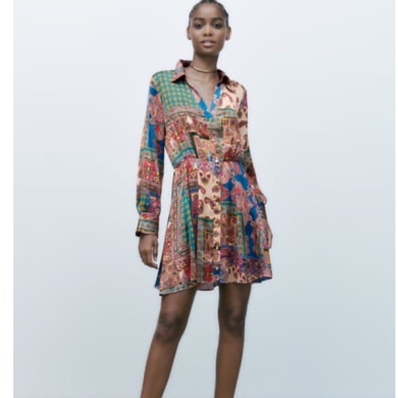 NWT ZARA  PATCHWORK PRINT MINI DRESS MULTICOLORED XS - Picture 2 of 5